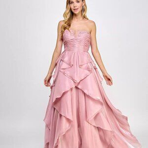 Say Yes Juniors' Strapless Ruched Ruffled Ball Gown Blush Rose Size 11
